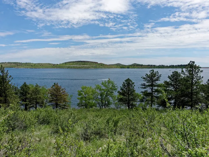 Carter Lake from its wooded eastern shore, with the hogback ridges across the water