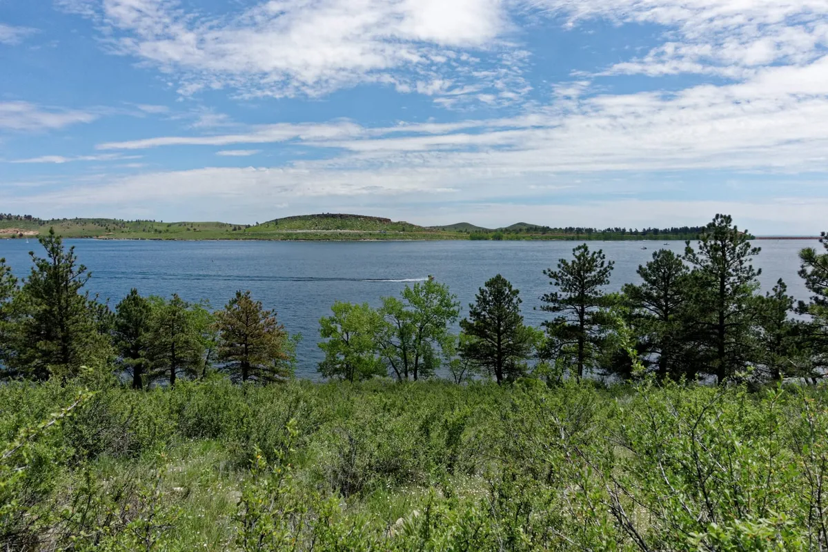 Carter Lake from its wooded eastern shore, with the hogback ridges across the water