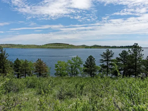 Carter Lake, the Larimer County reservoir in the foothills west of Berthoud, on a June afternoon: pines along the near shore, the hogback across the water, and a high cloud sky