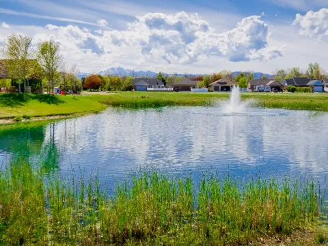 The fishing pond at Pioneer Park in spring: a fountain in the middle of the water, cattails along the near bank, a picnic pavilion on the lawn to the left, houses beyond, and snow on the peaks on the horizon
